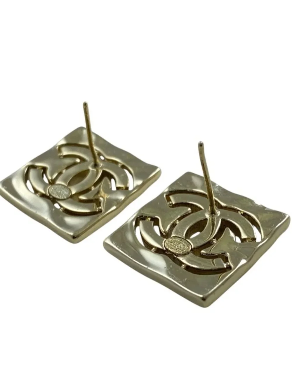 Chanel Earrings CC Logo Square Rhinestone Champagne Gold